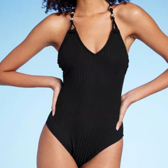 Shade & Shore Low U-Back Cross Strap Ribbed Texture 1 Piece Swimsuit Black XS-XL - Picture 1 of 16